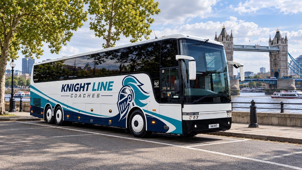 Knight Line Coaches coach in daylight beside the Thames, with Tower Bridge behind it.