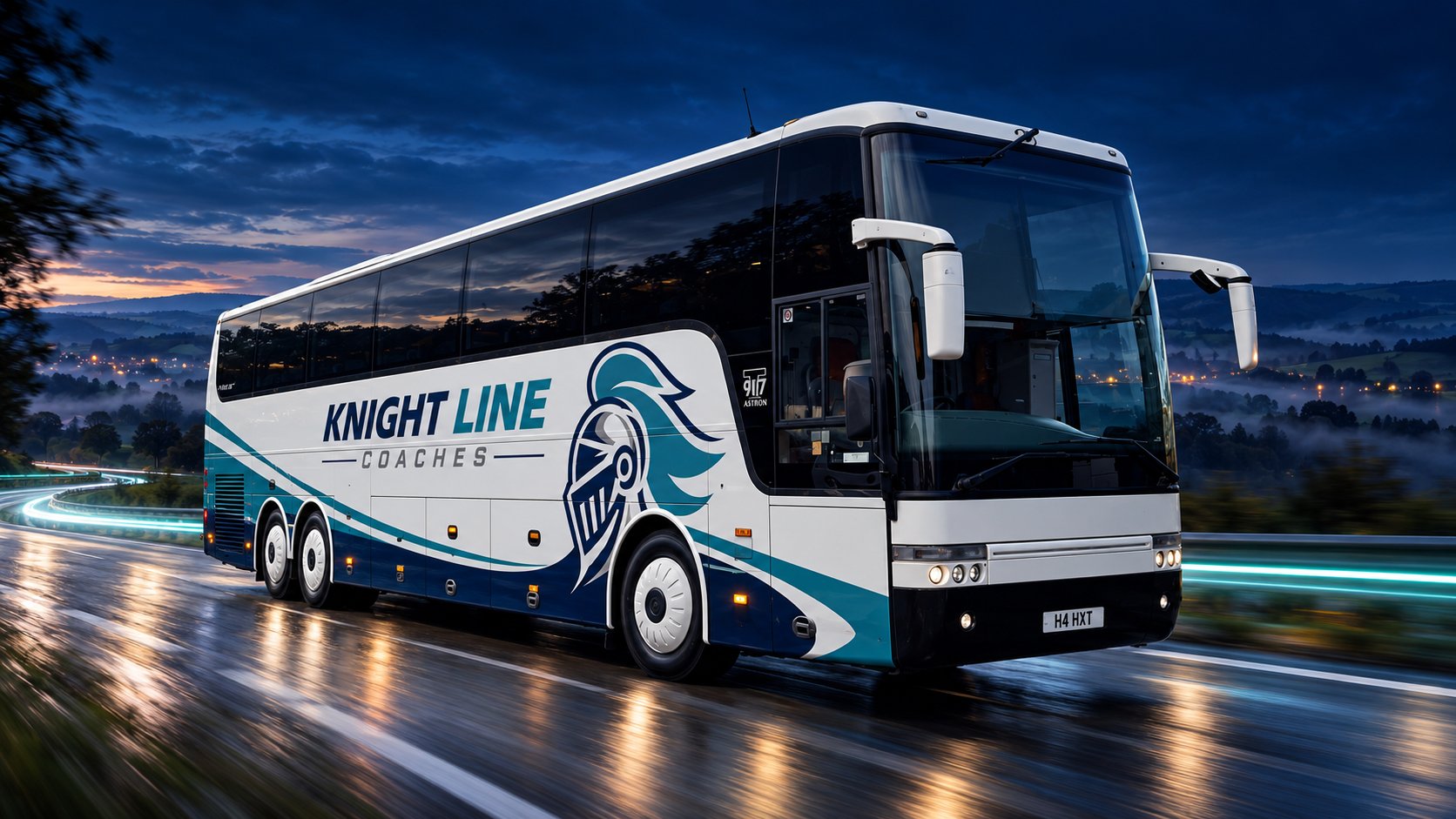 Knight Line Coaches coach in white, navy and teal livery travelling a night road.