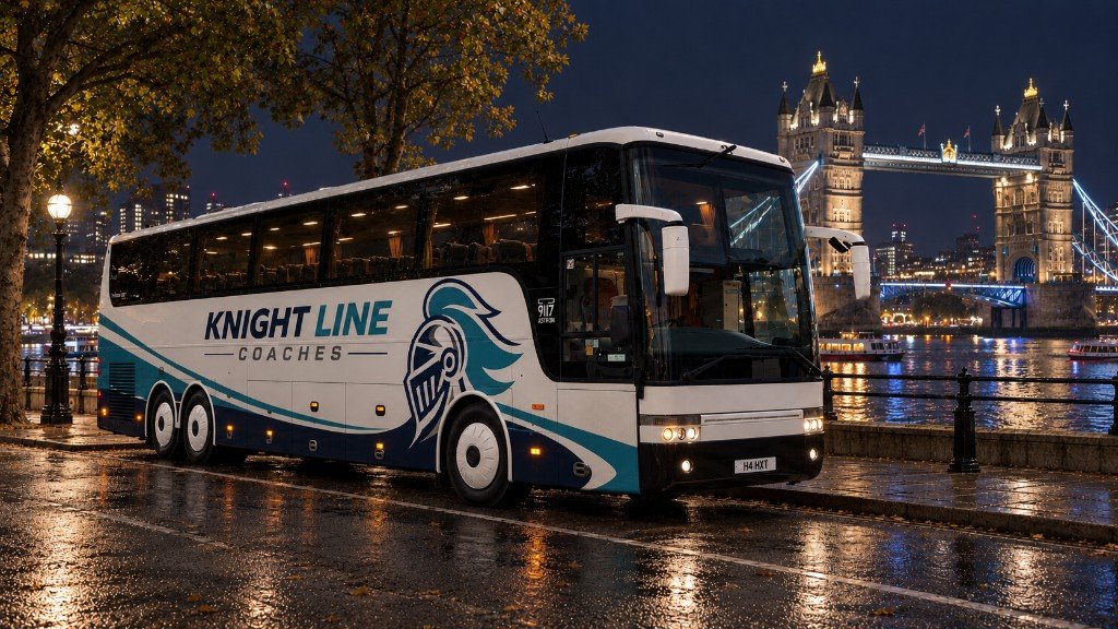 Knight Line Coaches coach at night beside the Thames, with Tower Bridge lit in the background.